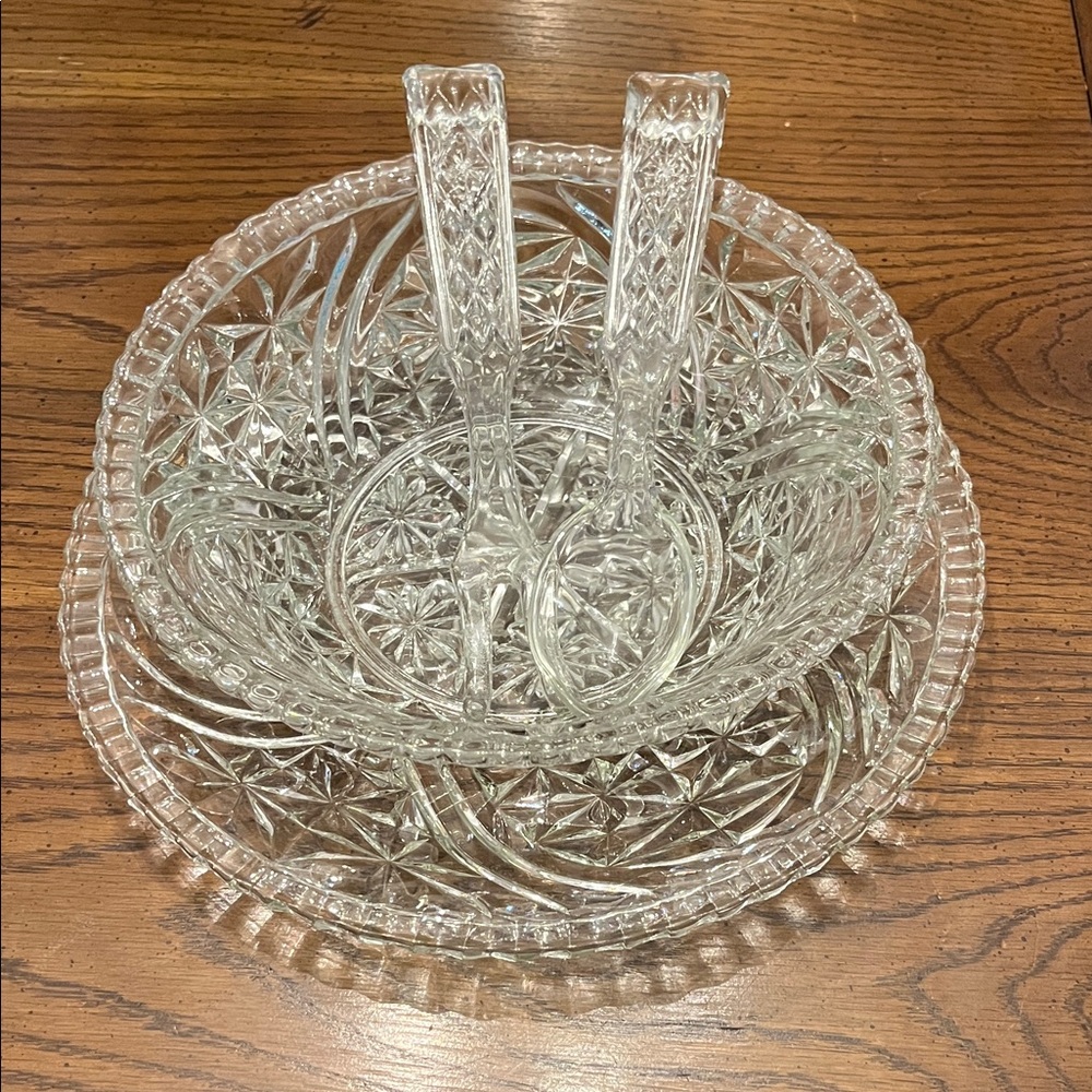 Vintage Anchor Hocking 4 Piece Stars And Bars Pattern Salad Serving‎ Set